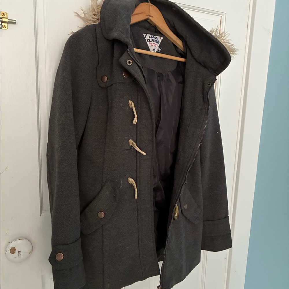 Kangol Dark Gray Hooded Toggle Pea Coat with Fur Trim